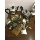 3 piece silver plated tea set and a selection of silver plated flat ware