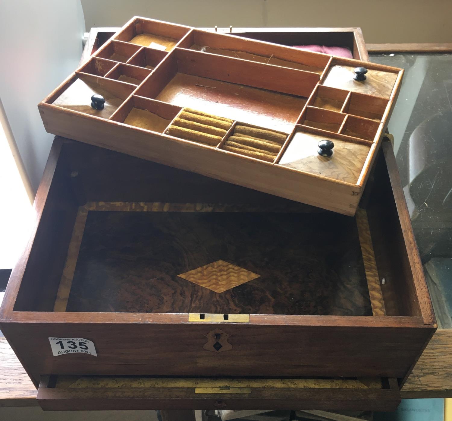 Well fitted and inlaid Victorian jewellery box 2 tier with a single long drawer to the front, 12"