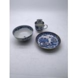 3 x items of 19c blue and white china maximum size 4" dia, to include Chinese patterned bowl