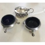 3 items solid silver cruet set comprising mustard pot, salt and pepper, silver h/m each with blue