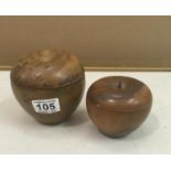 2 x fruitwood turned tea caddies modelled as Apples, 4" dia and 3" dia,