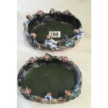 2 x small Chinese figural bowls, terra cotta and glazed, happy Buddha's looking into a pond 8"