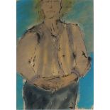 John EMANUEL (British b. 1930) Standing Figure with Blue Ground, Pen and wash on paper, 21" x 14.25"