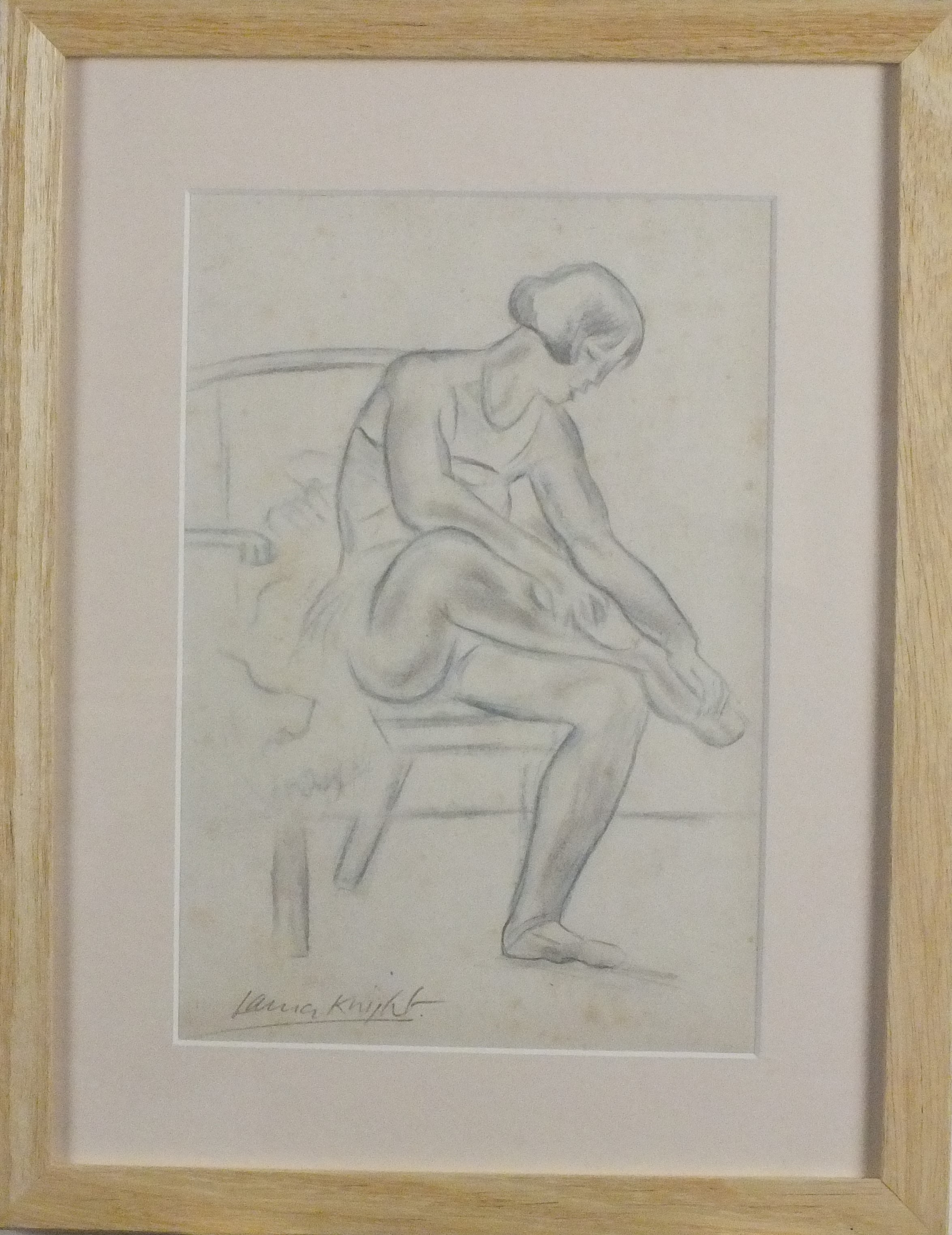 Attributed to Dame Laura KNIGHT (British 1877-1970) Dancer Tying her Shoe, Pencil and blue chalk - Image 5 of 6