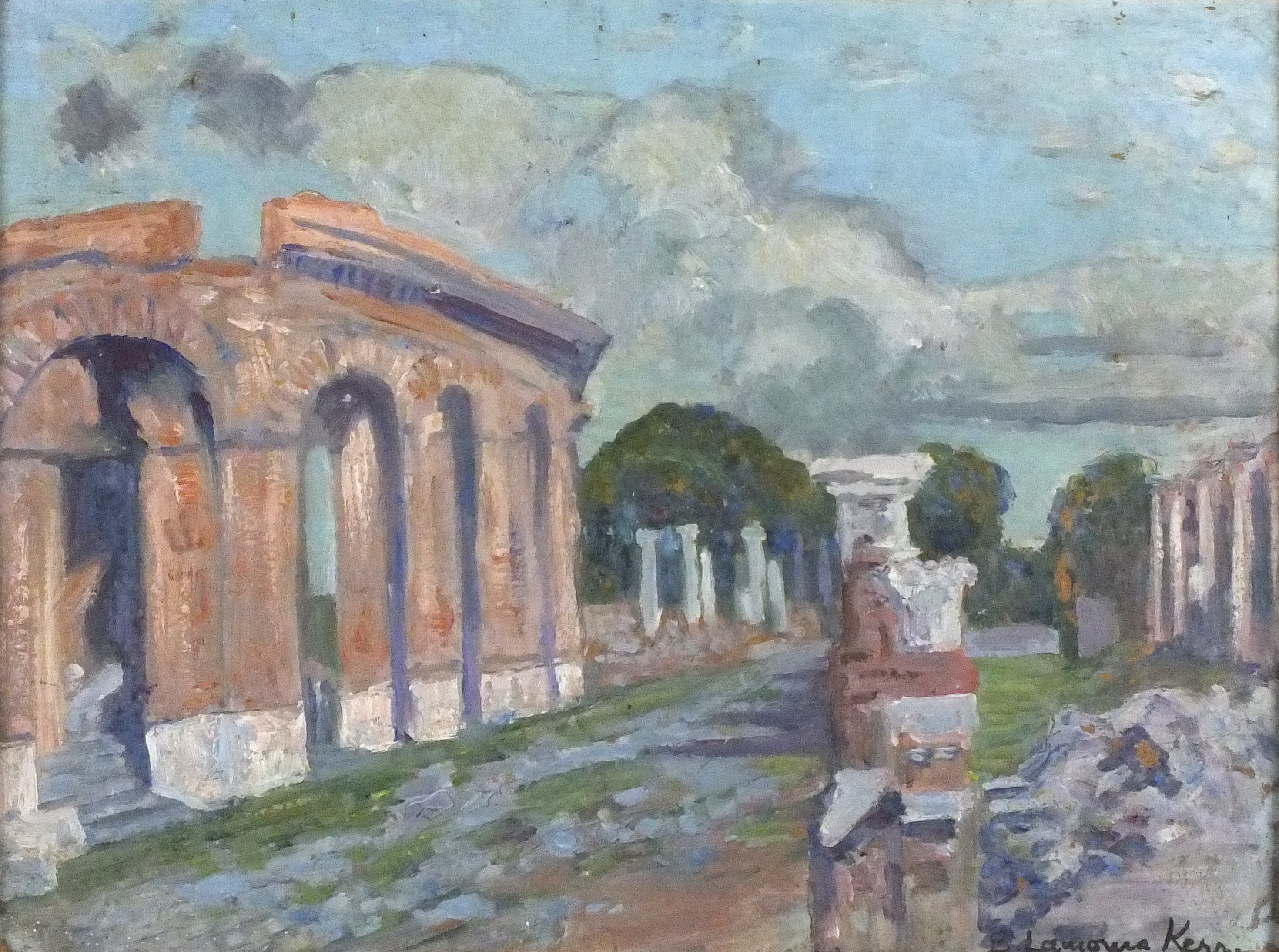 Elizabeth Lamorna KERR (British 1904-1990) Ostia Antica - Rome, Oil on board, Signed lower right,