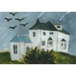 Joan GILLCHREST (British 1918-2008) Somewhere in Cornwall - white cottage with choughs,  Oil on