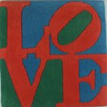 Robert INDIANA (American 1928-2018) Classic Love, Sculpted wool in red. blue and green, by repute