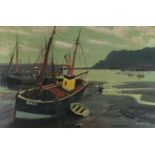 P F TUNSTILL (British 20th Century) Brixham Fishing Boats Alongside at Low Tide on the Teign, Oil on