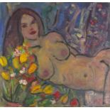 Kanwaldeep Singh KANG (aka NICKS) ( Indian 1964-2007) Nude Reclining Amongst Flowers, Oil on canvas,