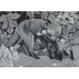 Clive MEREDITH (British b. 1964) Vixen and Cub, Giclee print, Signed lower right and numbered 8/