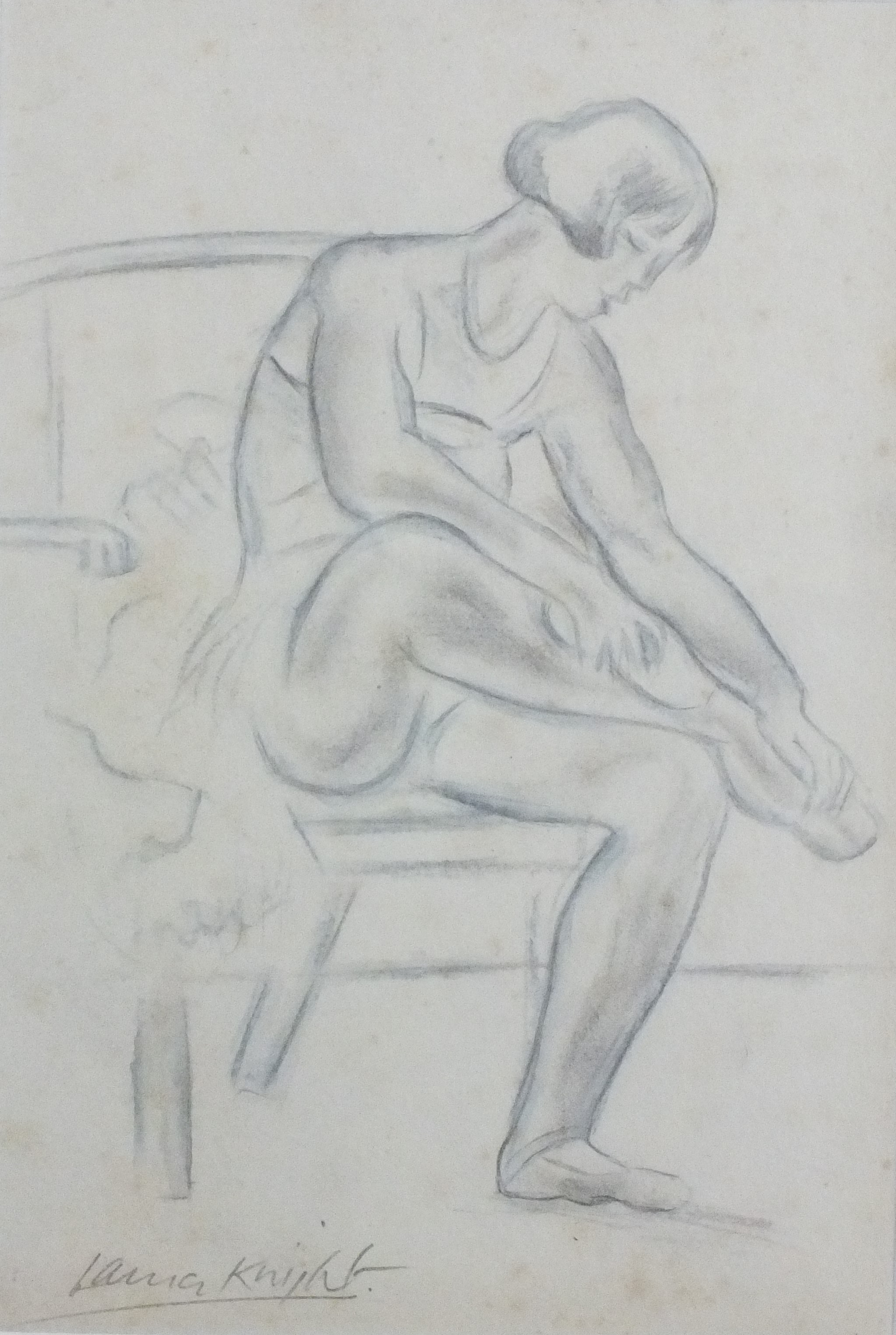 Attributed to Dame Laura KNIGHT (British 1877-1970) Dancer Tying her Shoe, Pencil and blue chalk