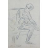 Attributed to Dame Laura KNIGHT (British 1877-1970) Dancer Tying her Shoe, Pencil and blue chalk
