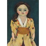 Horas KENNEDY (British 1917-1997) Doll Wearing Yellow Kimono, Oil on board, Indistinctly signed with