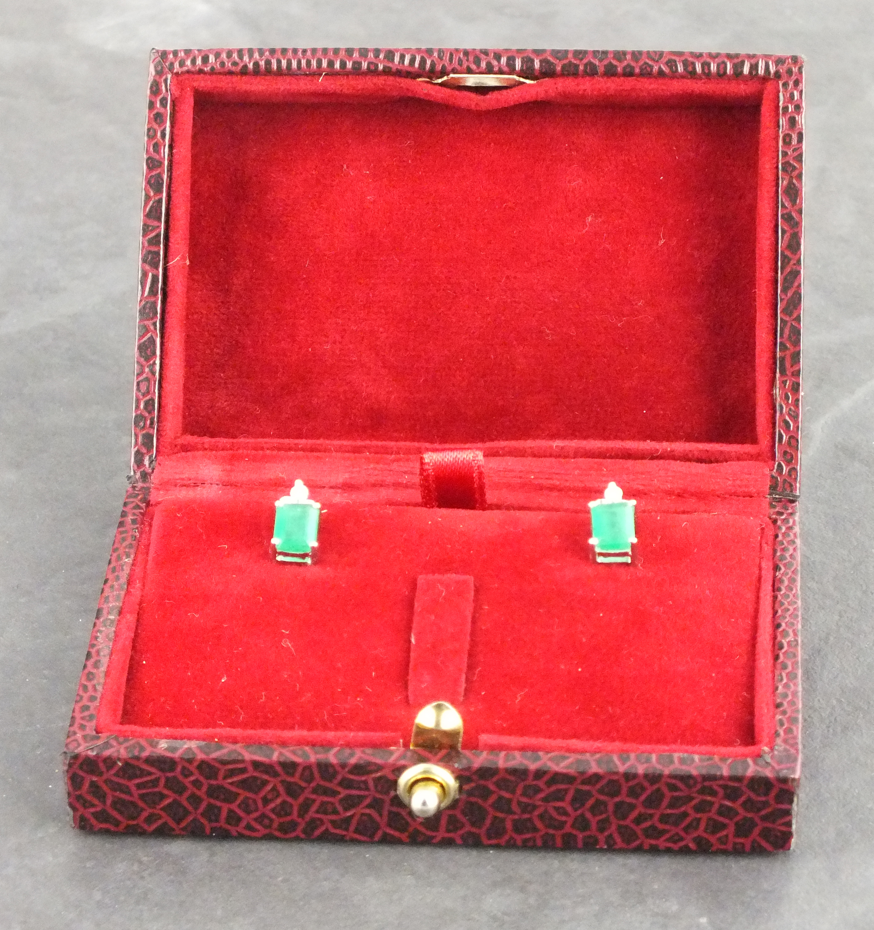 A pair of emerald and diamond set ear pendants, the rectangular cut stones with three cluster - Image 2 of 2