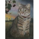 Beryl LANGSWORTHY (British b. 1944) Chloe - tabby cat in a garden, Gouache, Signed lower left, 13.5"