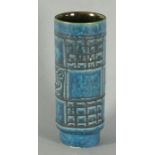 British 20th Century a blue glazed cylindrical vase, decorated with cross-hatched squares and