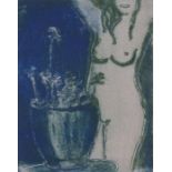 Ian LAURIE (British b. 1933) Dark Blue Nude and Flowers, Coloured etching, Signed lower right,
