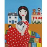 Alison ROSS (British 20th/21st Century) Young Girl in Polka Dot Dress with her Toys, Acrylic on