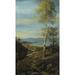 E M COGGANS (British 19th Century) Silver Birch in Heathland with Sea Beyond, Oil on board, Signed