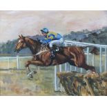 Joyce BARR (British 20th Century) Horse and Jockey Clearing a Hurdle, Oil on board, Signed  and