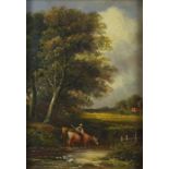 20th Century Cattle Watering in a Quiet Stream, Oil on board, 6.25" x 4.25" (16cm x 11cm)