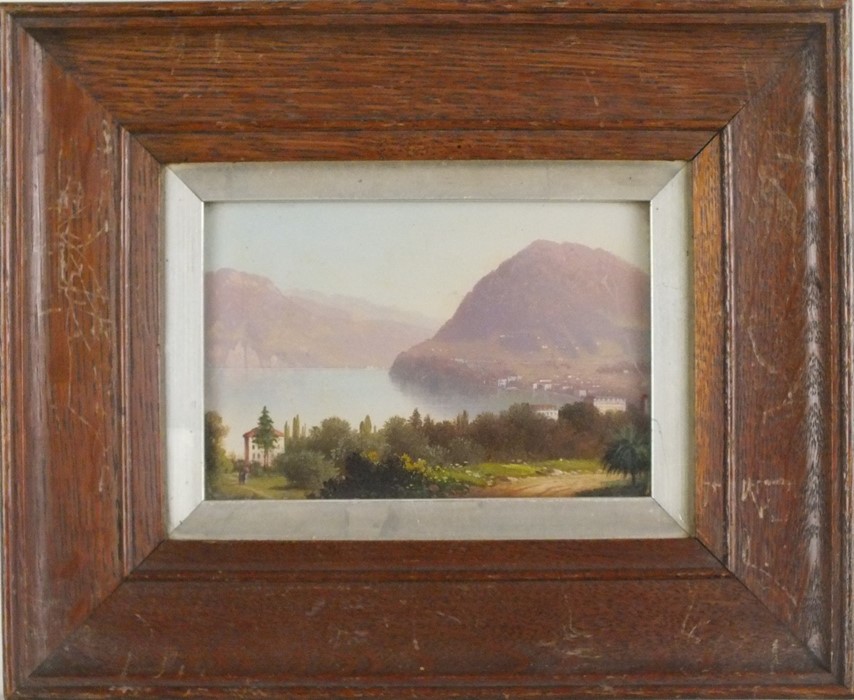19th Century Continental School Italian Lake Scene, Oil on paper, 3.5" x 5" (9cm x 13cm) - Image 2 of 3