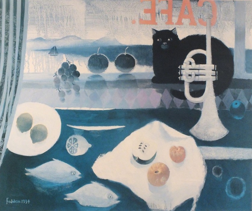 Mary FEDDEN (British 1915-2012) Still Live in a Café Window with Cat, Trumpet and Fish,