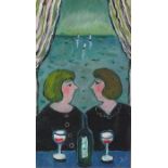 Joan GILLCHREST (British 1918-2008) Sharing a Bottle with a Friend, Oil on card, Signed with