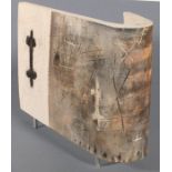 Cornish Contemporary Abstract, Un-glazed curved tile, incised and decorated in umber tones,