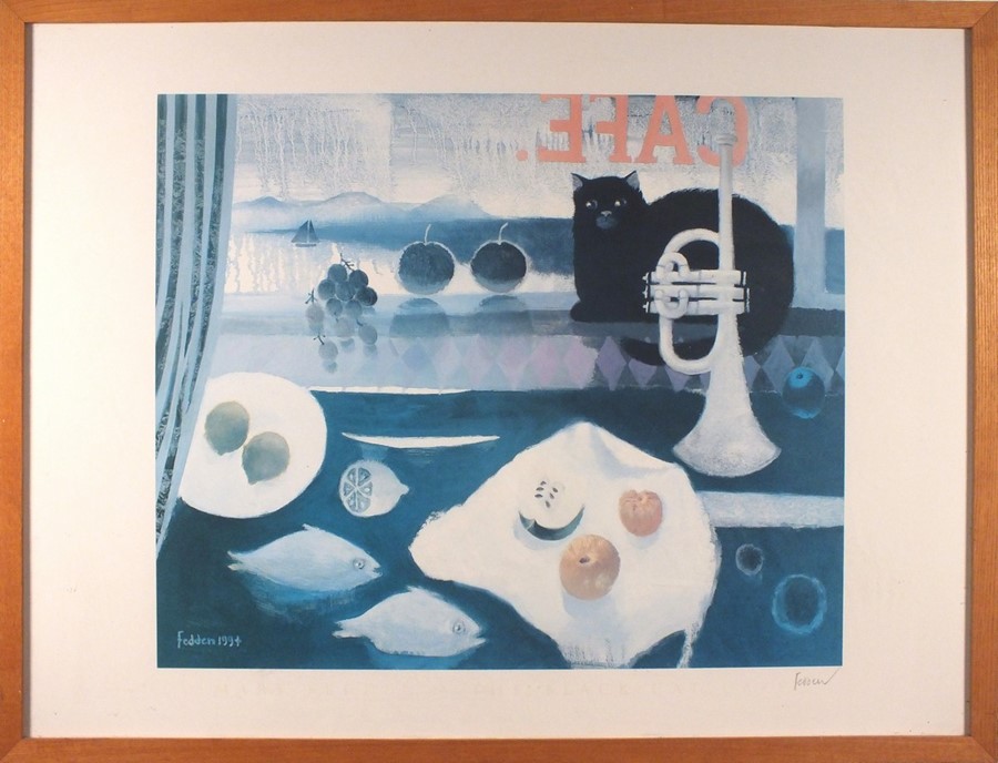 Mary FEDDEN (British 1915-2012) Still Live in a Café Window with Cat, Trumpet and Fish, - Image 2 of 3