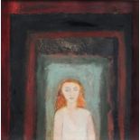 Elizabeth HUNTER (British b. 1935) Woman in a Doorway, Oil on paper, Signed with initials lower