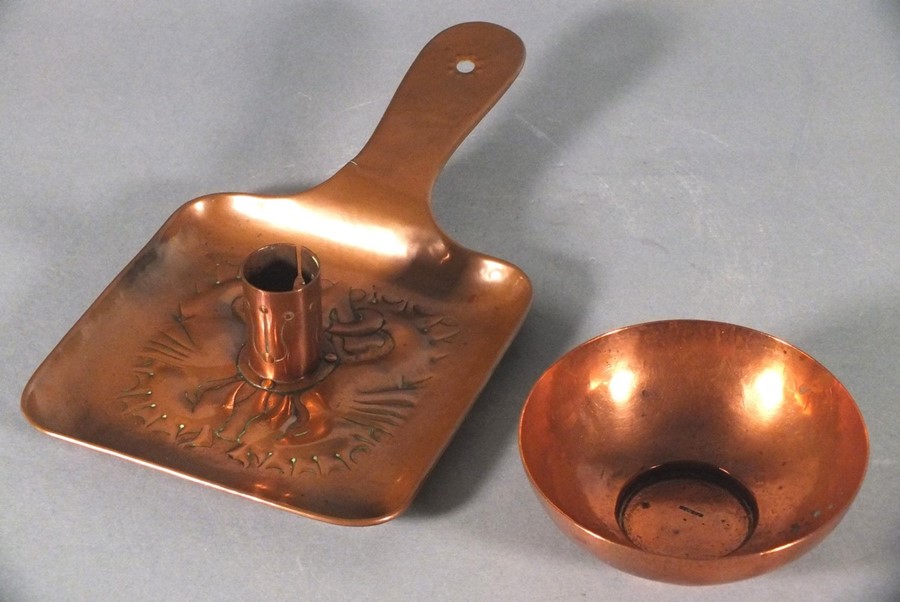 A late 19th Copper chamberstick, possibly Newlyn, of square paddle form, repousse decorated with - Image 2 of 5