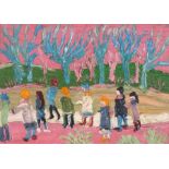 Fred YATES (British 1922-2008) Figures in a Park, Oil on glass panel, Signed verso, 4.75" x 6.75" (