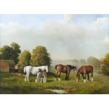 F G NOBLE (British 20th Century) Horses and Foal in a Pasture, Oil on canvas, Signed lower right,