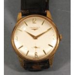 A Longines gentleman's wristwatch with a 9ct gold case, the brushed dial with arrangement of