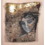 Janet LYNCH (British b. 1938) Woman of the Forest, Oil and gold-leaf on bark, Signed verso, 6" x 5.
