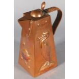 Newlyn hot water jug, of square tapering form with repousse decoration showing cormorants and