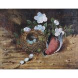 L MONINGTON (British 19th Century) Still Life with Bullfinch and Nest, Oil on canvas, Signed and