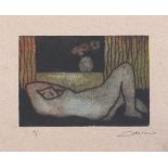 Ian LAURIE (British b. 1933) Night Nude, Coloured etching, Signed lower right and numbered 12/25,