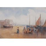 Bertha COCKERHAM (British d. 1923) Un-loading the Catch St Ives Harbour, Watercolour, Signed lower