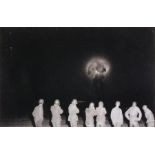 American 20th Century, Eight Soldiers Witnessing Nuclear Test Diablo, Black and white photograph,