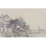 M A J (British 19th Century) Waterside Buildings, Pencil on paper, Signed with initials and dated