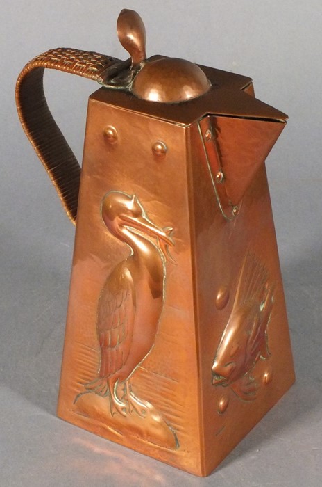 Newlyn hot water jug, of square tapering form with repousse decoration showing cormorants and - Image 2 of 6