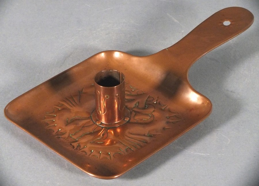 A late 19th Copper chamberstick, possibly Newlyn, of square paddle form, repousse decorated with - Image 3 of 5
