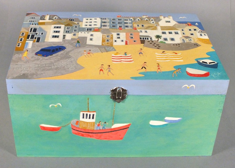 Richard LODEY (British b. 1950) St Ives Harbour, Painted box, Lid signed with initials lower - Image 2 of 3