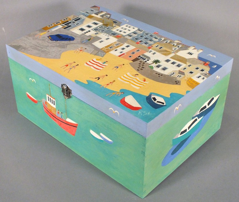 Richard LODEY (British b. 1950) St Ives Harbour, Painted box, Lid signed with initials lower - Image 3 of 3