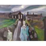 Gill WATKISS (British b. 1938) Figures Outside a Church, Oil o board, Signed lower left and dated '