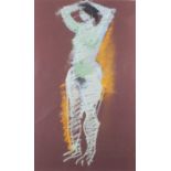 Rose HILTON (British 1931-2019) Standing Nude, Pastel on maroon paper, Signed in pencil lower right,