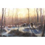 Gerry HILLMAN (British 20th/21st Century) Fox and Cattle in a Frosty Woodland, Oil on canvas, Signed