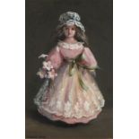 Deborah JONES (British 1921-2012) Mary - doll in pink dress, Oil on board, Signed lower left, titled